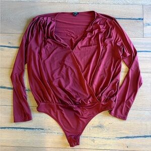 Express Long-Sleeve Wrap Bodysuit in Burgundy